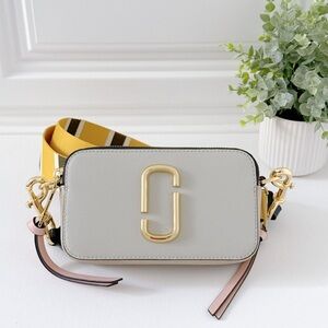 Marc Jacobs Snapshot Camera Crossbody with Gold Logo and Yellow Stripe Strap
